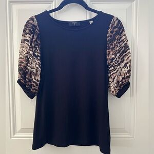 Tahari Leopard Animal Print Sheer Pleated Sleeve Top